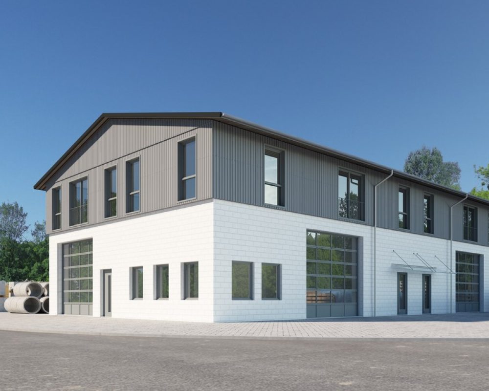 3d rendering of a workshop building with trees in the background